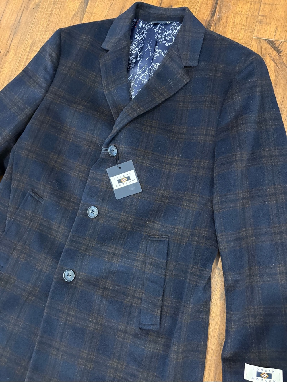 Joseph Abboud Men's 40R Plaid Wool Blend Car Coat Jacket Brown Navy Blue 40R NWT